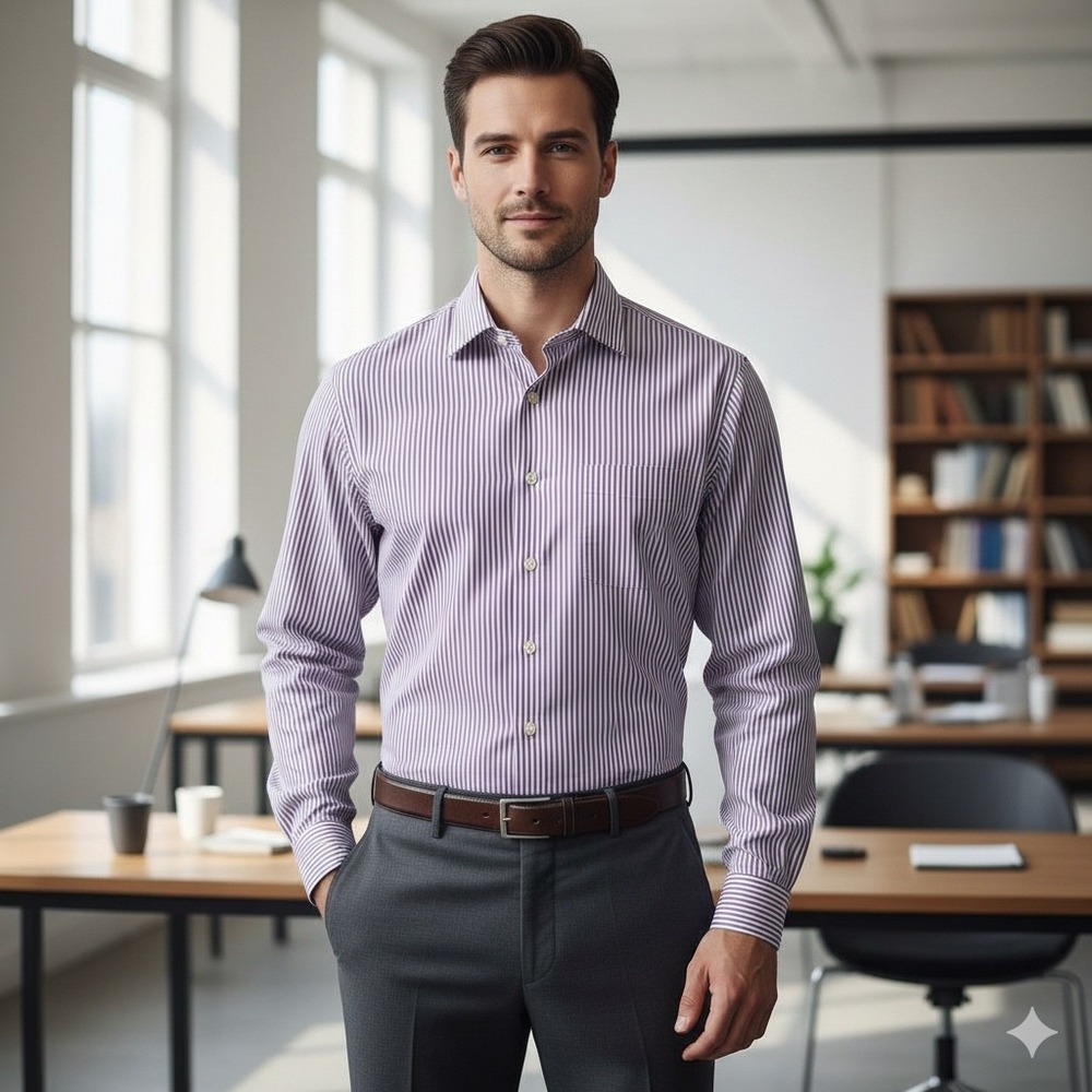 Peter Millar Mens Purple White Stripe Dress Shirt Long Sleeve Button Down Collar